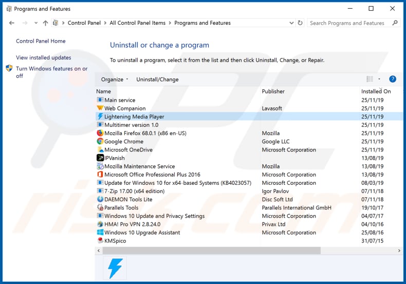 Disinstallazione di adware Lightening Media Player tramite il pannello di controllo