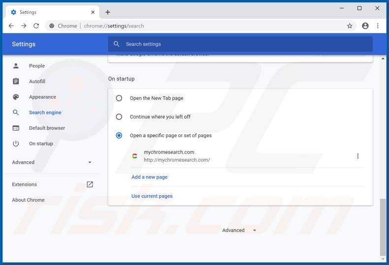 Removing mychromesearch.com from Google Chrome homepage