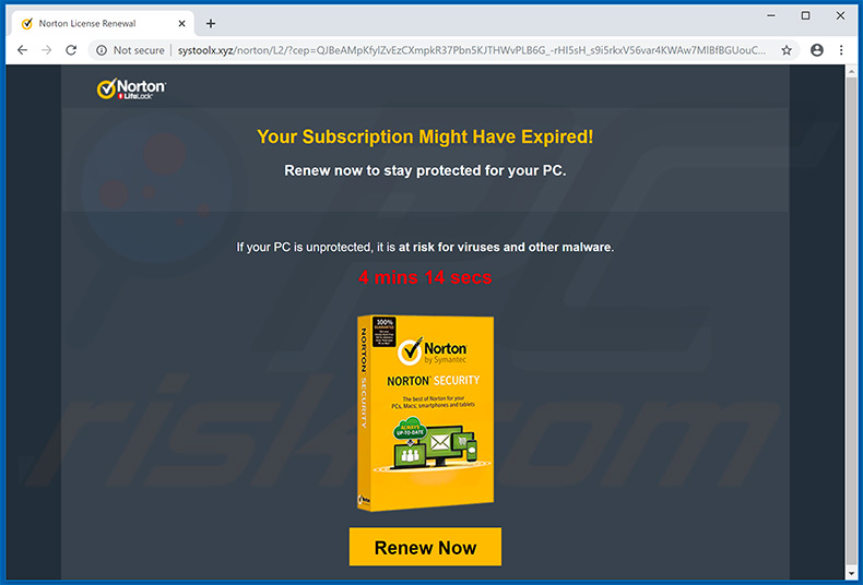 Un'altra variante del pop up truffa Norton subscription has expired today