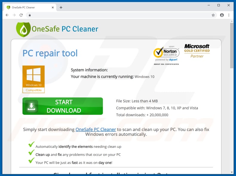 Website promoting OneSafe PC Cleaner unwanted app