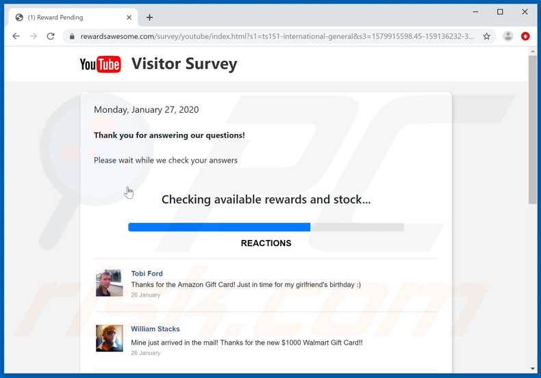 Dear YouTube user, Congratulations! Screenshot della pagina visualizzata al termine del sondaggio
