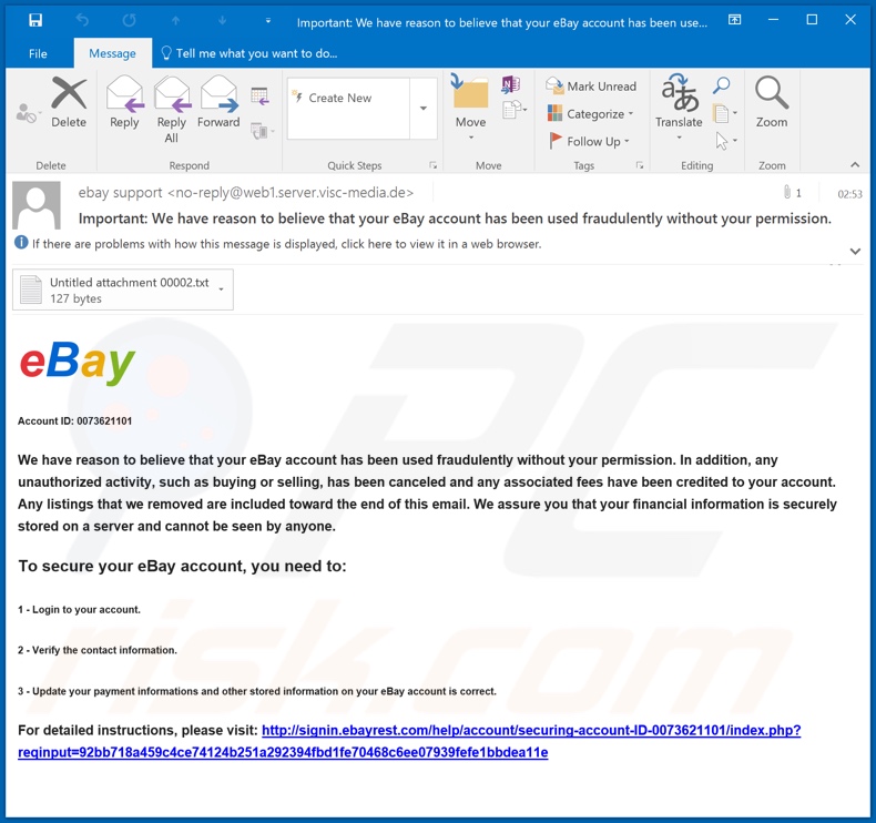 eBay Email Scam campagna di spam