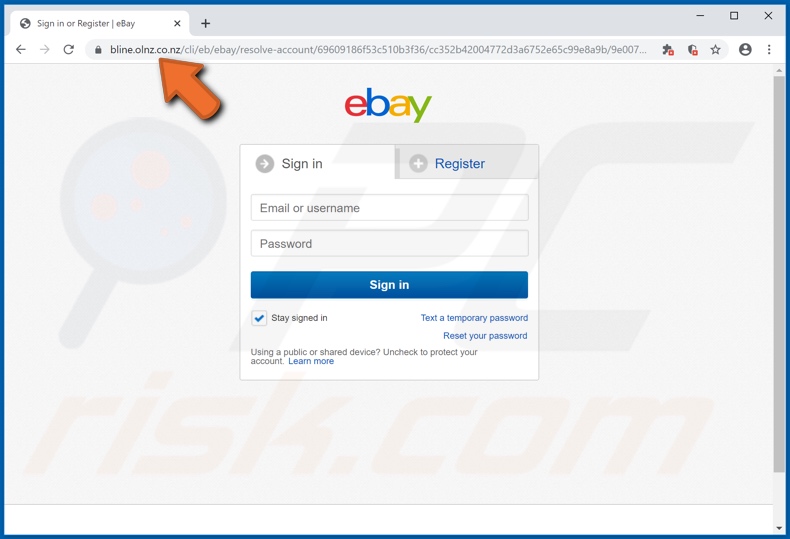 Screenshot del sito Web eBay falso, progettato per rubare le credenziali dell'account eBay dei visitatori