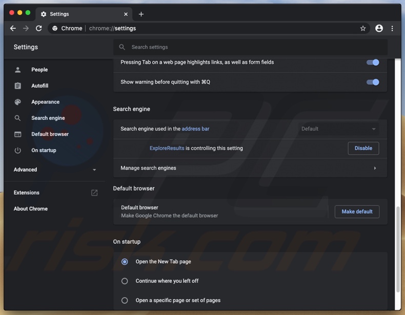 Screenshot delle impostazioni del browser Google Chrome dirottate da ExploreSearchResults