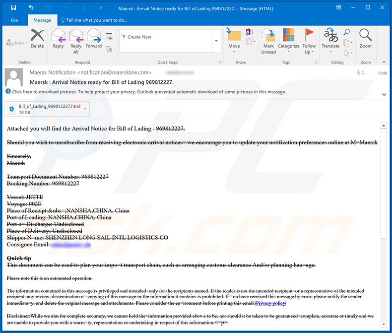 Un'altra variante dell'e-mail di spam Maersk utilizzata per il phishing
