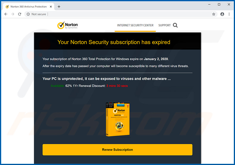 Un'altra variante delle truffa Norton Subscription Has Expired Today