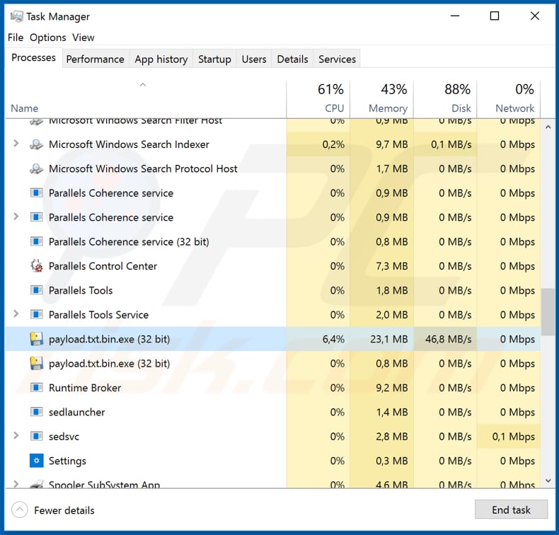 demon payload.txt.bin.exe processo dannoso nel task manager