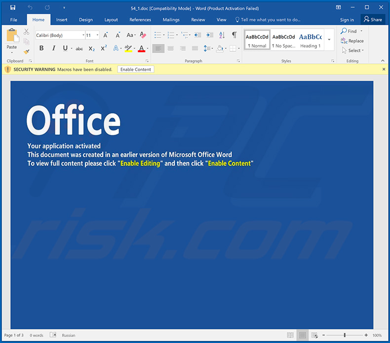 Screenshot di un documento Microsoft Word dannoso distribuito tramite questa email per infettare con TrickBot