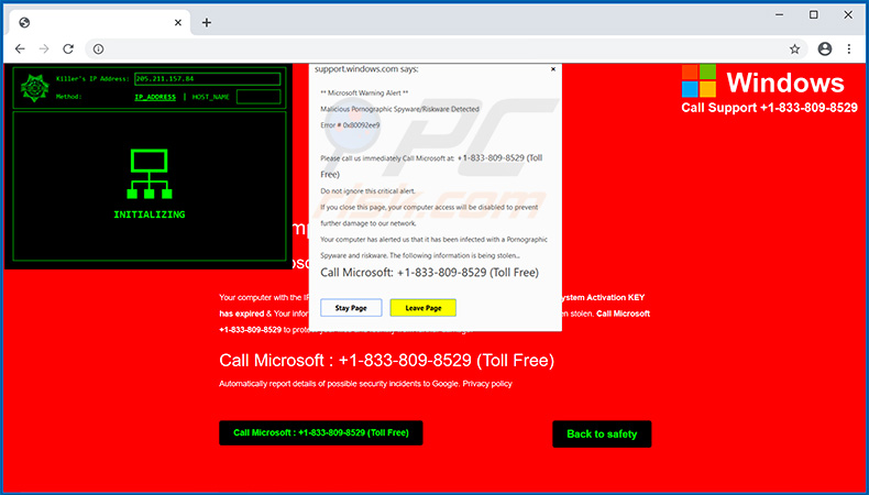 Indirizzo IP killer di Microsoft Warning Alert truffa pop-up