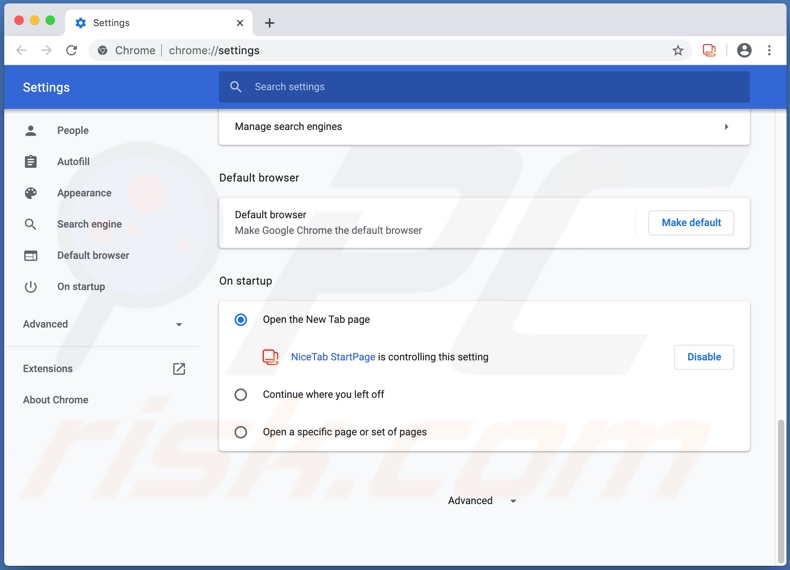 Chrime settings controlled by NiceTab StartPage browser hijacker