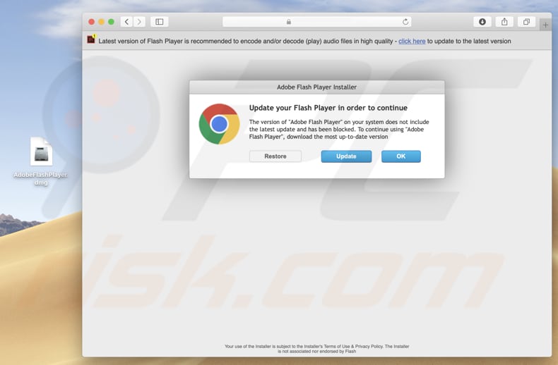 Deceptive website promoting fake Adobe Flash Player installer which installs Opera