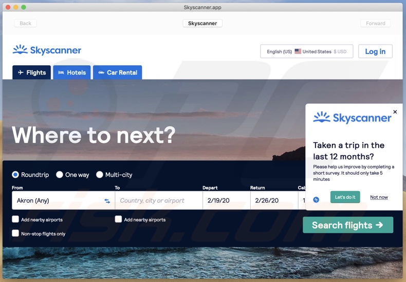 SkyScanner application appearance