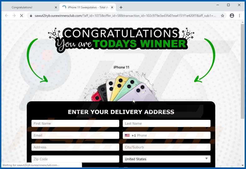 Schermata del sito Web a cui il messaggio truffa 