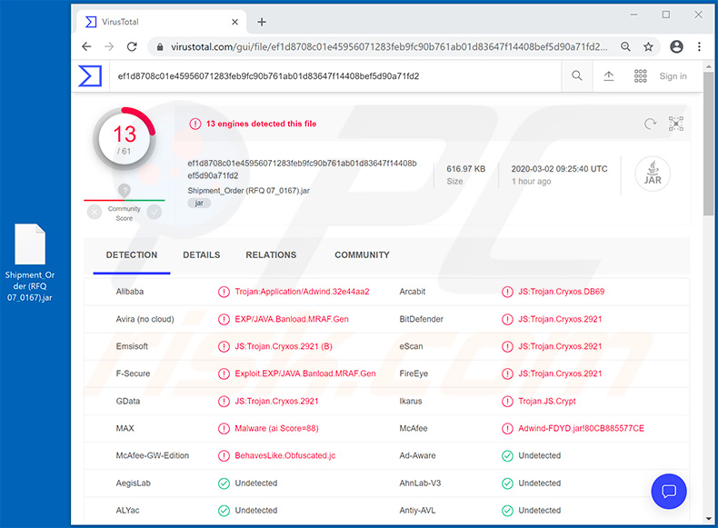 Cryxos trojan-promoting JAR file - Shipment_Order (RFQ 07_0167).jar