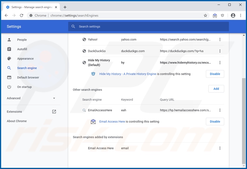 Removing hp.hemailaccesshere.com from Google Chrome default search engine