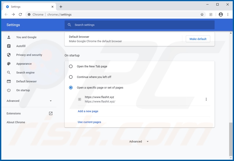 Removing flashit.xyz from Google Chrome homepage