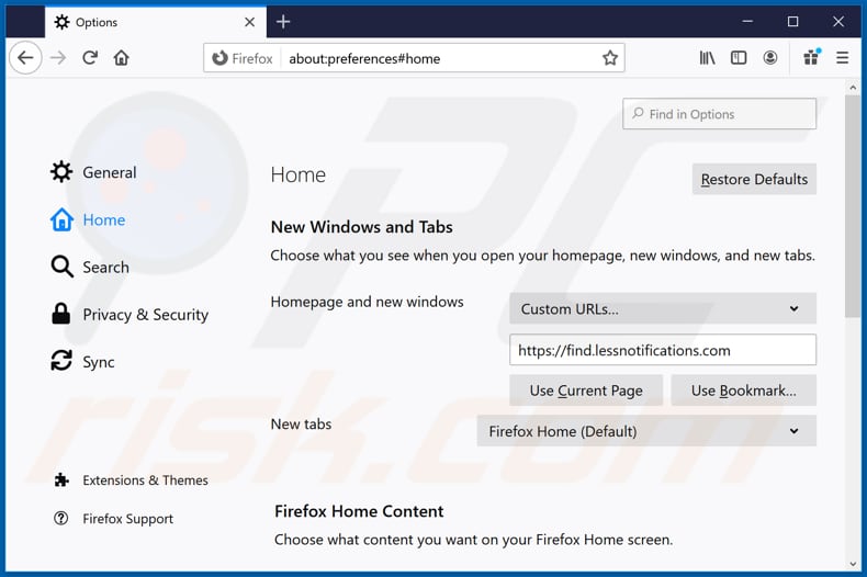 Removing find.lessnotifications.com from Mozilla Firefox homepage