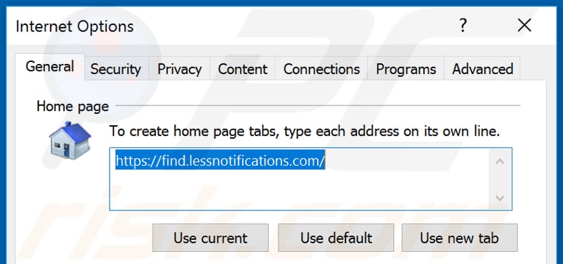 Removing find.lessnotifications.com from Internet Explorer homepage
