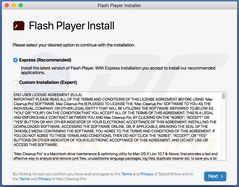 OriginalTechSearch adware distribuito utilizzando un falso programma di aggiornamento / installazione di Adobe Flash Player