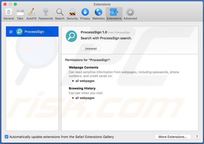 processsign adware installed on safari