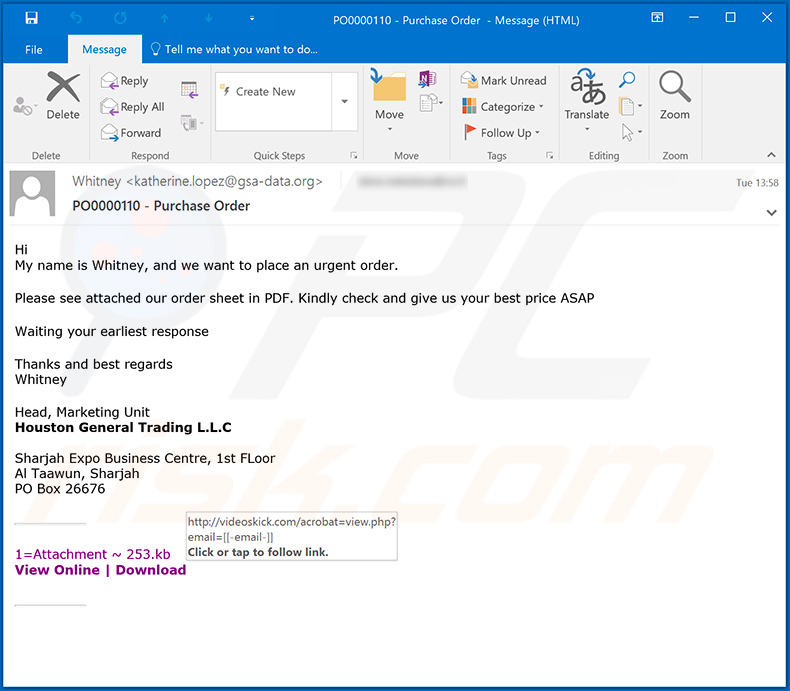 Purchase Order Campagna di spam di phishing 