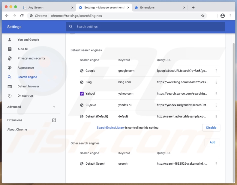 Default search engine controlled by SearchEngineLibrary browser hijacker (search.adjustablesample.com)