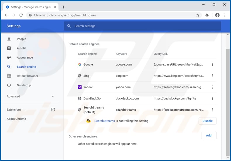 Removing feed.searchstreams.com from Google Chrome default search engine