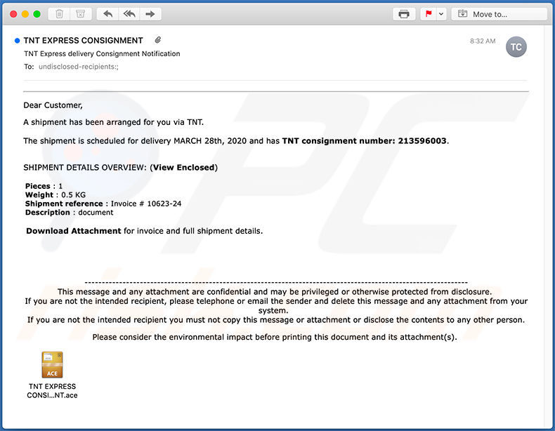 Un'altra variante dell'e-mail di spam TNT