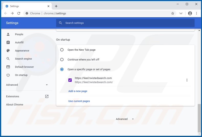 Removing feed.twistedsearch.com from Google Chrome homepage