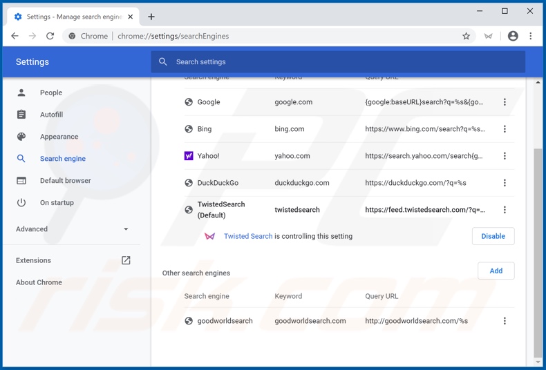 Removing feed.twistedsearch.com from Google Chrome default search engine