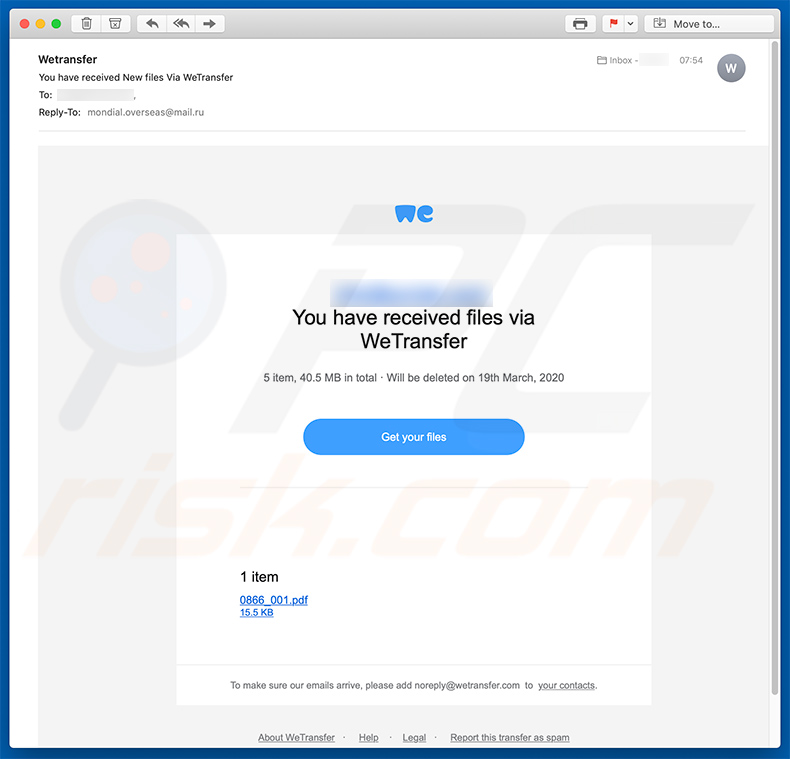 WeTranser phishing spam campaign