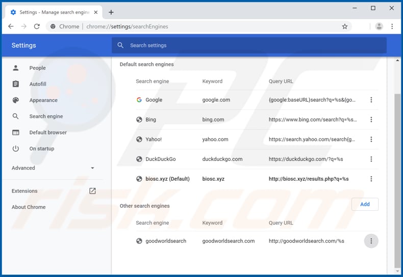 Removing biosc.xyz from Google Chrome default search engine