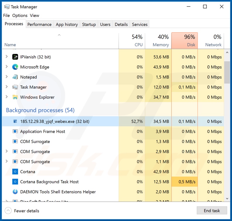 Malware, installato tramite un falso programma di installazione Cisco WebEx, processo su task manager