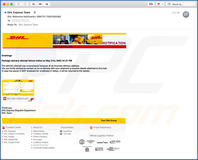 Esempio di un'altra e-mail di spam DHL Express che distribuisce un file .iso dannoso