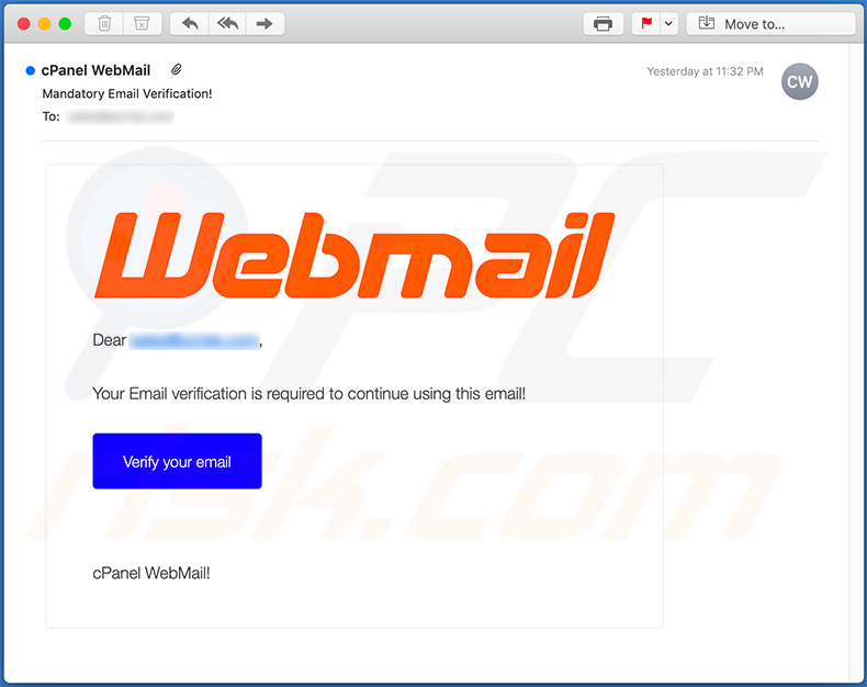 Un'altra email di spam di phishing con credenziali di posta elettronica mascherata da notifica WebMail di cPanel