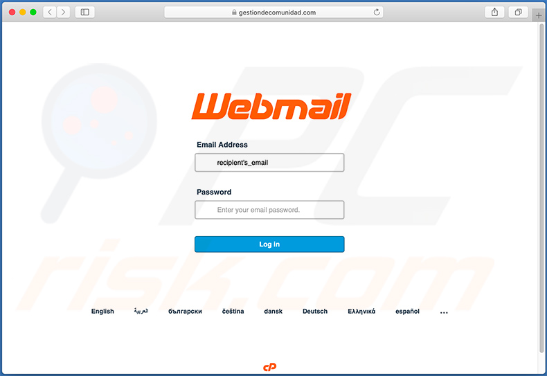 Sito web di accesso a cPanel WebMail falso (gestiondecomunidad [.] Com) promosso tramite questa email di spam