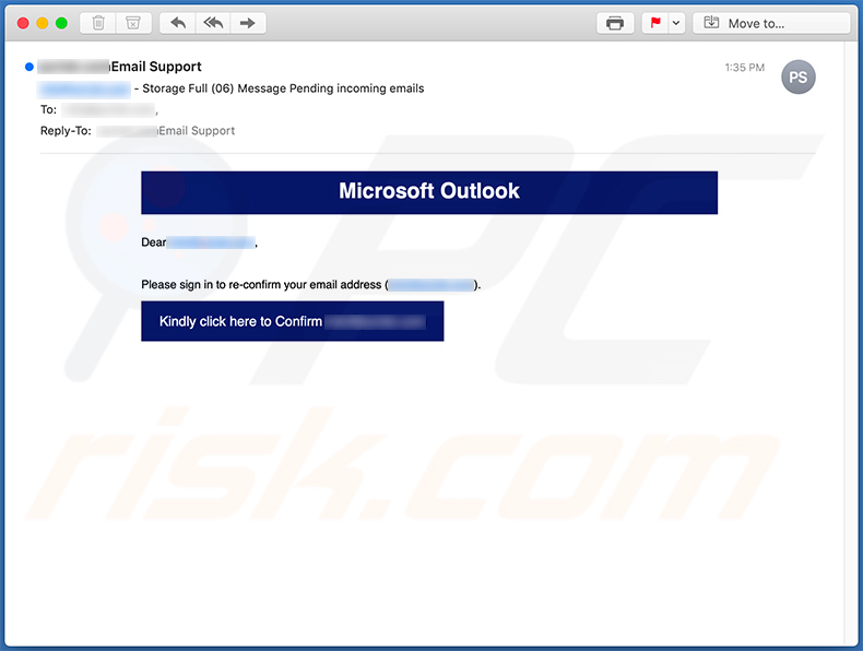 Un altro esempio di un'e-mail di phishing relativa a Microsoft Outlook che incoraggia i destinatari a confermare i propri account