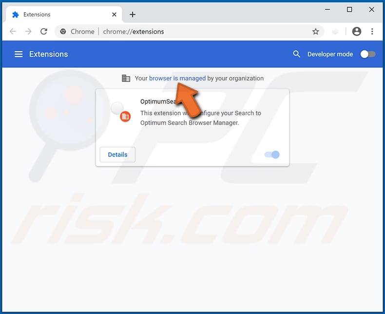 chrome browser is managed in extensions list
