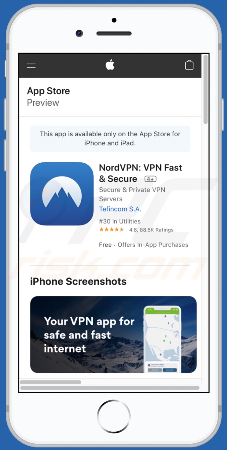 IOS VPN profile Aspetto della pagina web promozionale dell'app dubbia sui dispositivi mobili