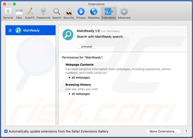 MainReady adware installed on Safari