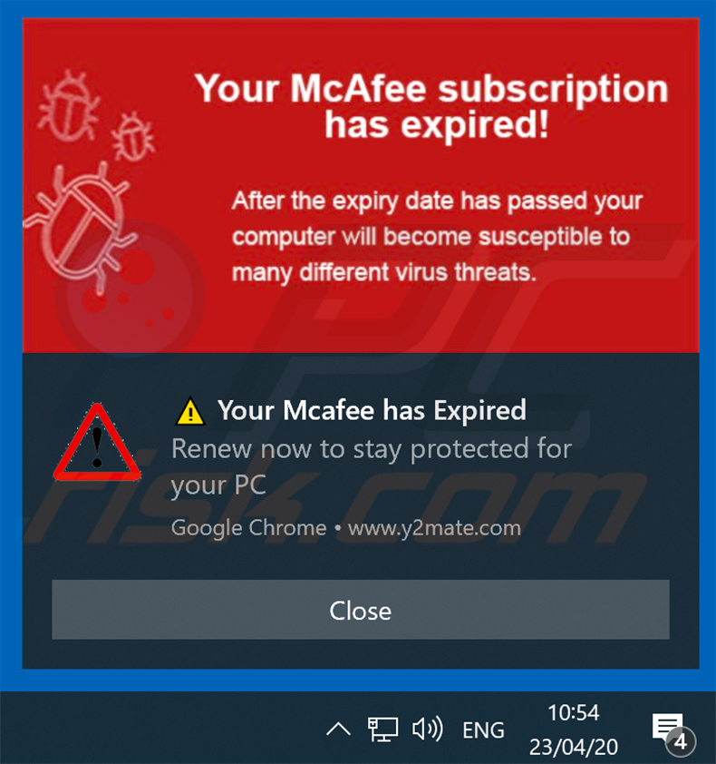 Your McAfee Subscription Has Expired notifica del browser pop-up che promuove la truffa fornita da y2mate.com