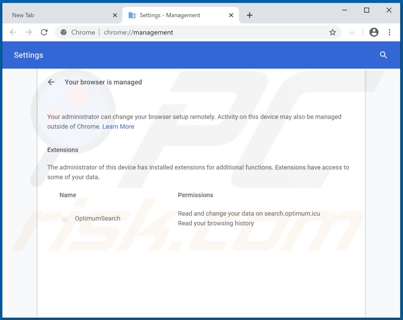 optimumsearch browser hijacker adds your browser is managed feature