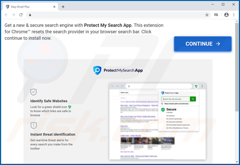 Website used to promote Protect My Search App browser hijacker