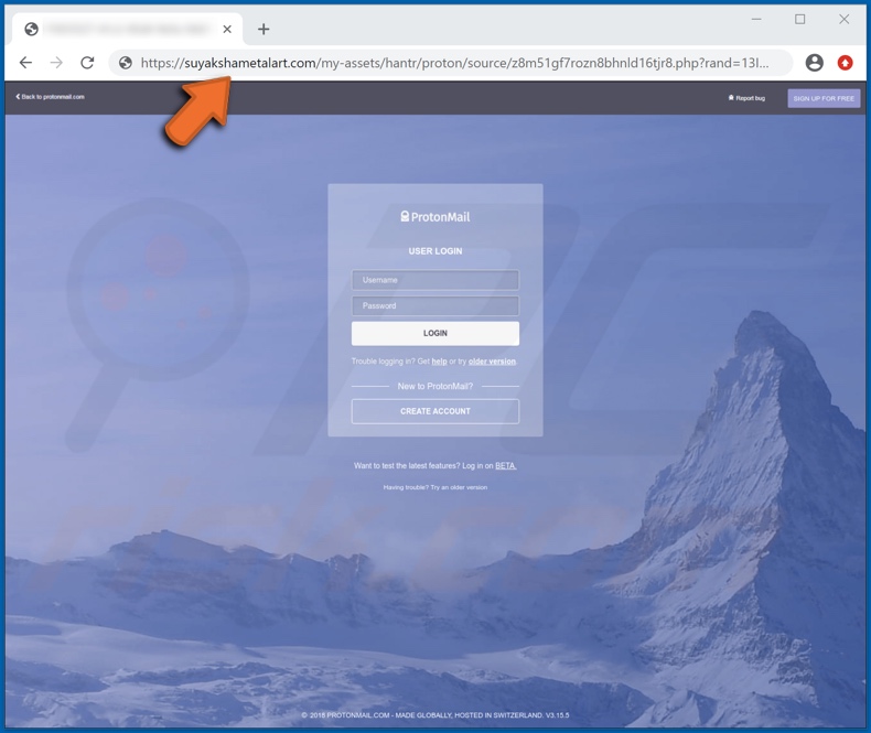 Screenshot del falso sito Web di accesso ProtonMail utilizzato per rubare le credenziali dell'account