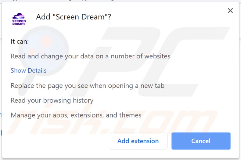 screen dream browser hijacker asks for a permission to be installed