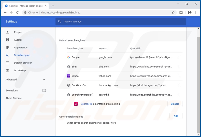 Removing search-hd.com from Google Chrome default search engine