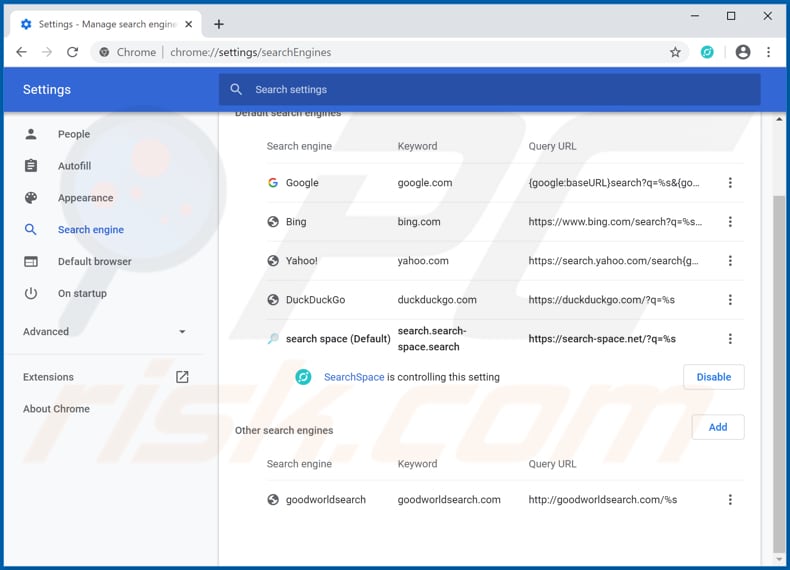 Removing search-space.net from Google Chrome default search engine