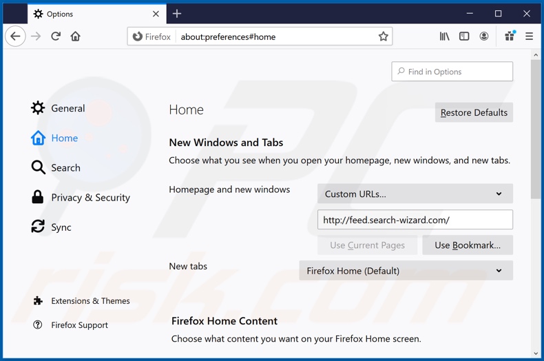 Removing feed.search-wizard.com from Mozilla Firefox homepage