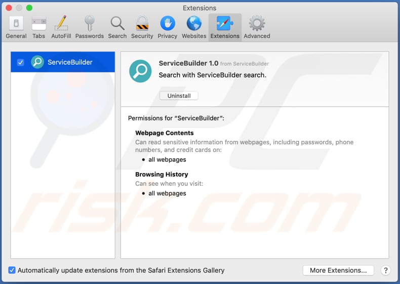 servicebuilder adware installed on safari